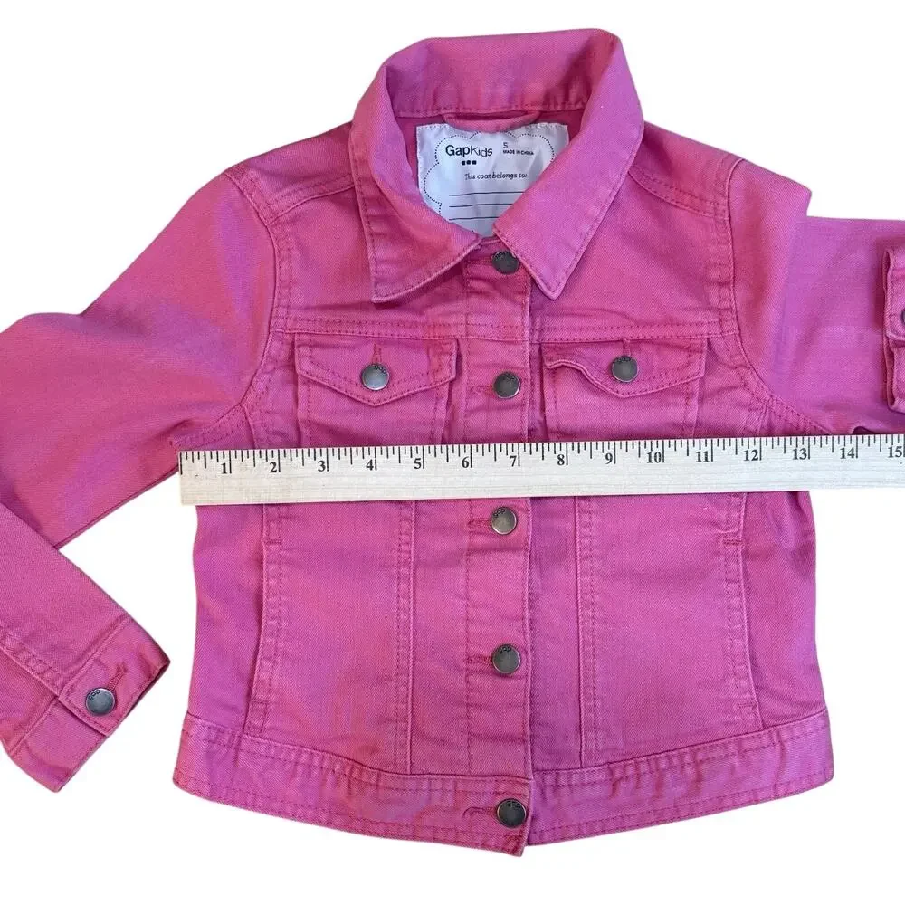 Gap Kids Girl's Pink Denim Jacket, Long Sleeves Snap Buttons Pockets Sz 5 Cute!